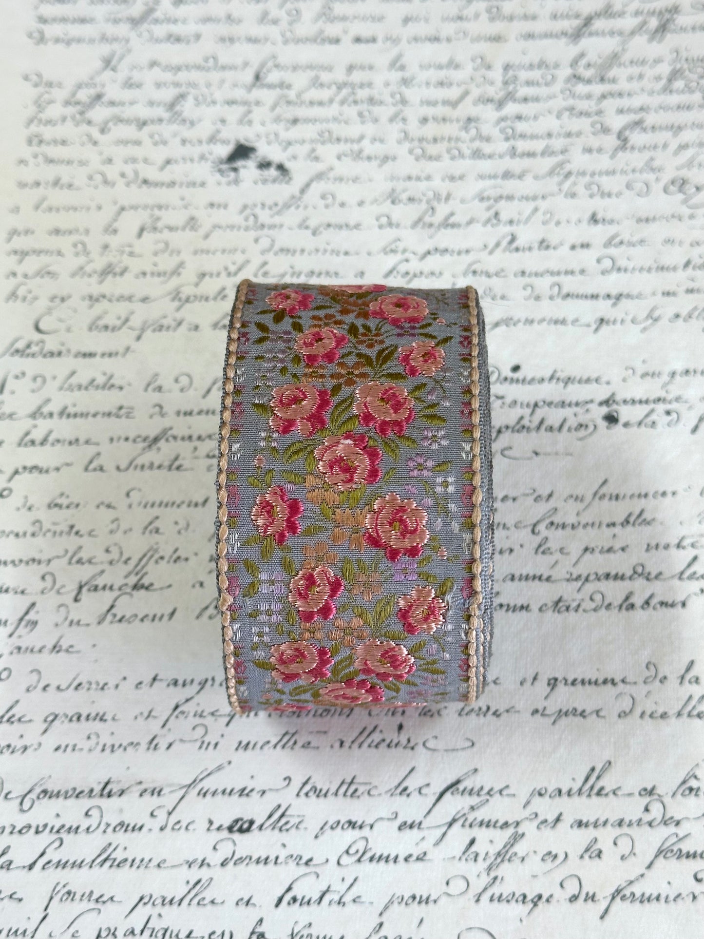 Vintage French Embroidered Floral Ribbon - Blue Background