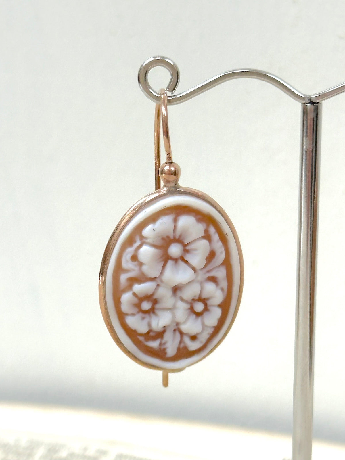 Italian Large Oval Flower Cameo Earrings