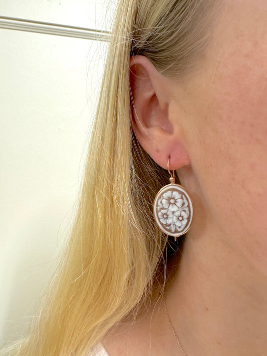 Italian Large Oval Flower Cameo Earrings