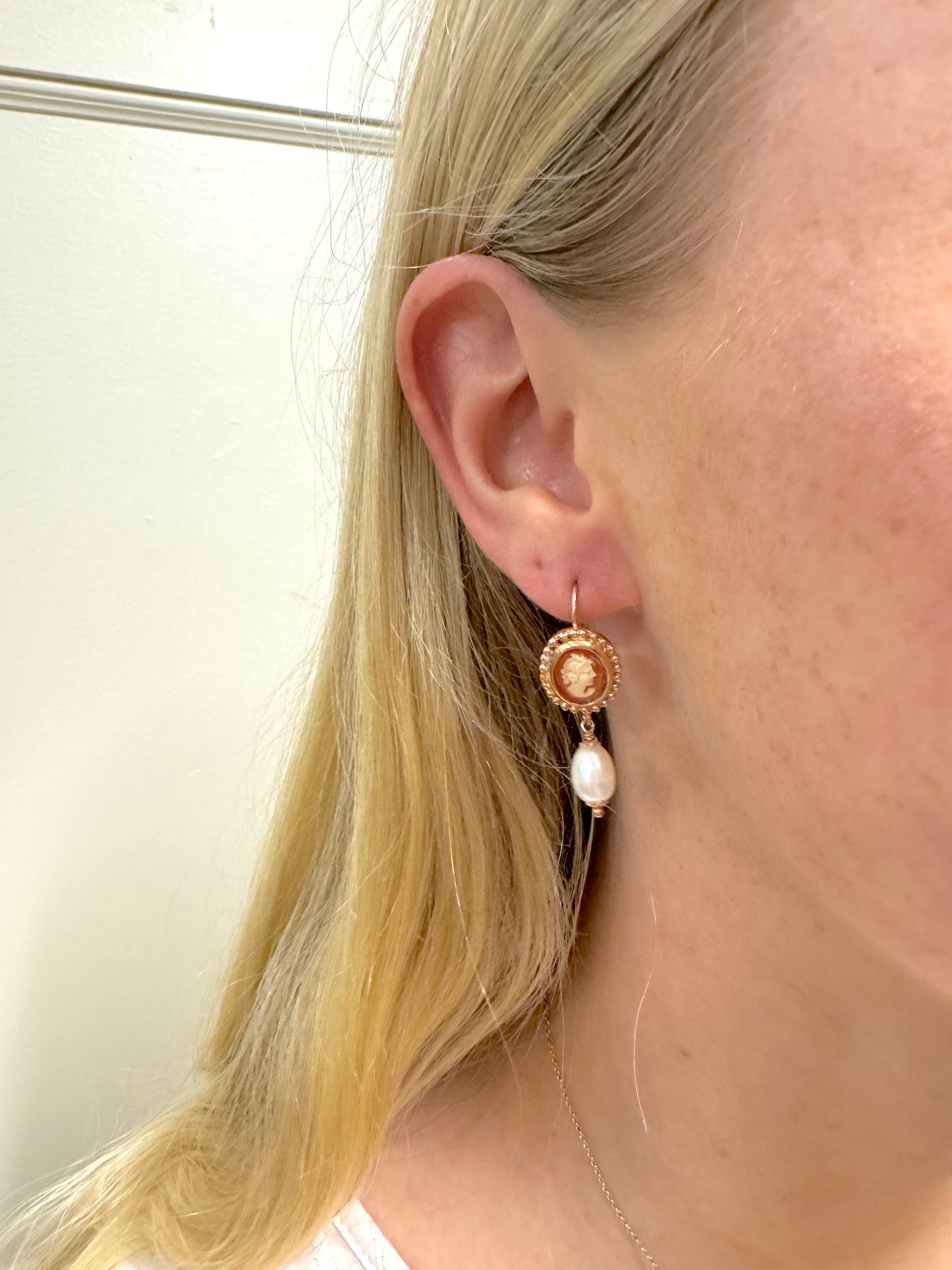 Italian Oval Cameo & Pearl Earrings