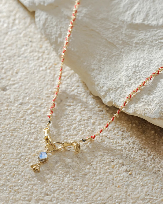 Marie Laure Chamorel Red Silk And Gold Woven Necklace With Polki Crystal