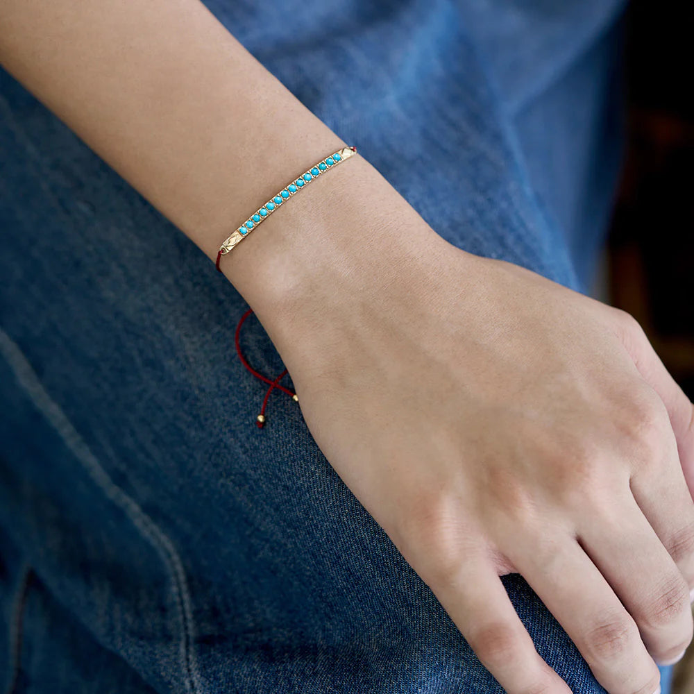 Dorothee Sausset Red Cord Bracelet With Turquoise Stones - 'Rakhi Baguette'