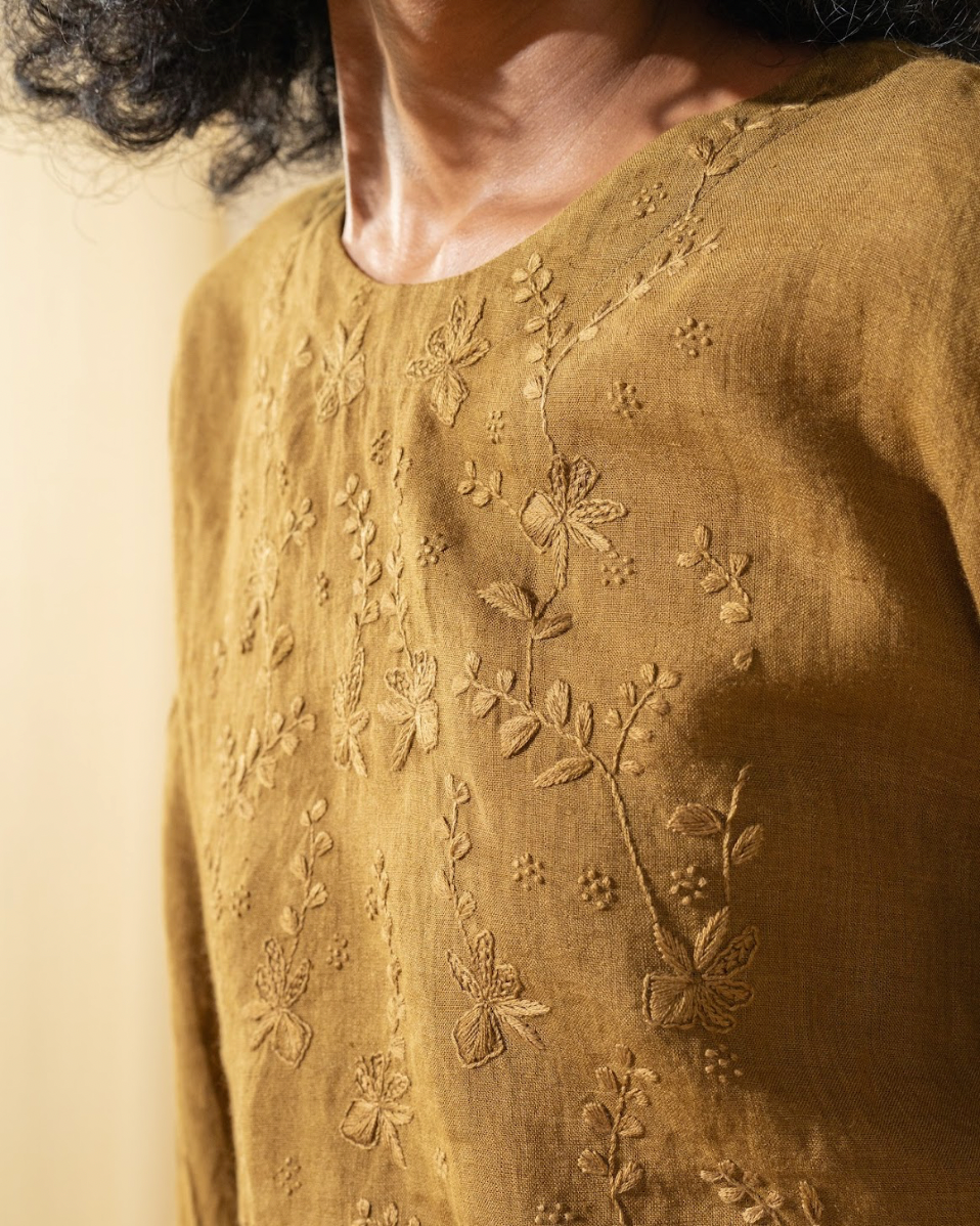 DVE 'Inaya' Embroidered Top - Mustard