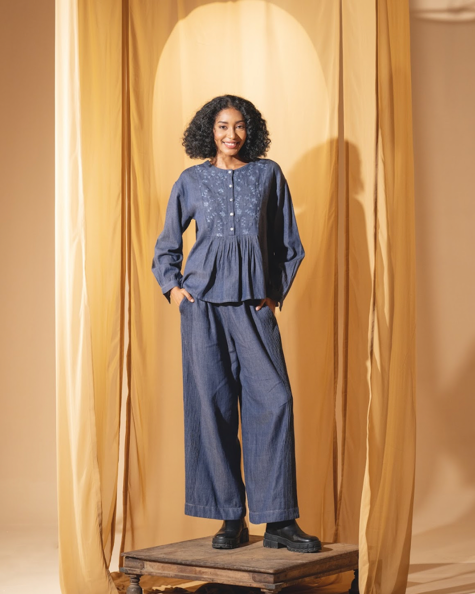 DVE 'Varalika' Embroidered Top - Denim