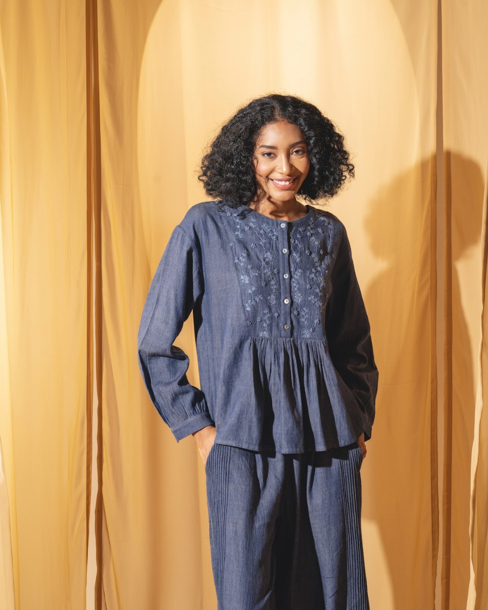 DVE 'Varalika' Embroidered Top - Denim
