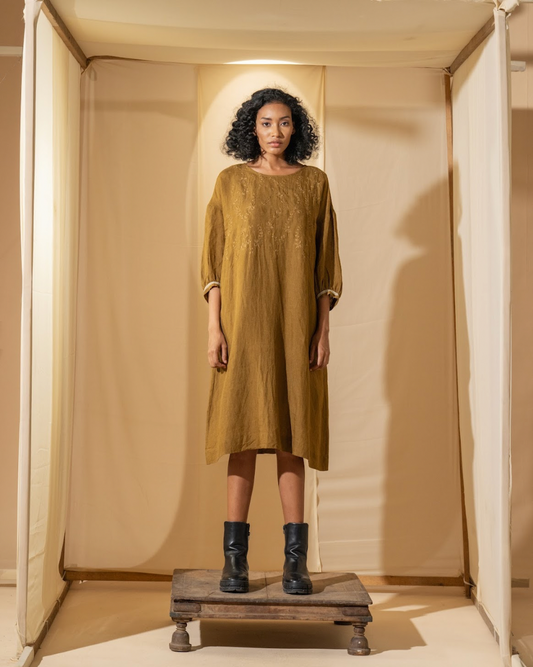 DVE 'Viha' Embroidered Dress - Mustard