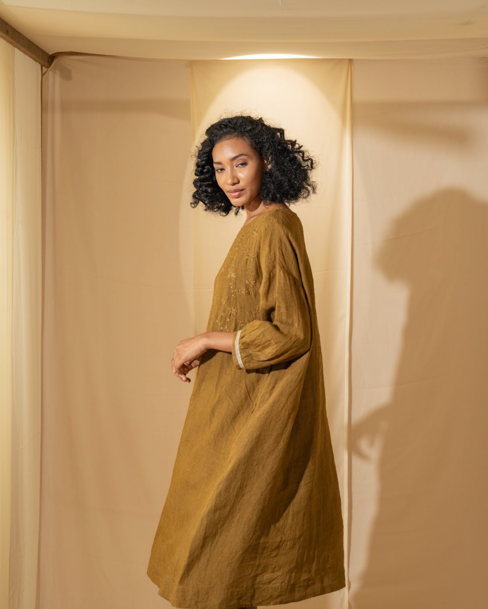 DVE 'Viha' Embroidered Dress - Mustard