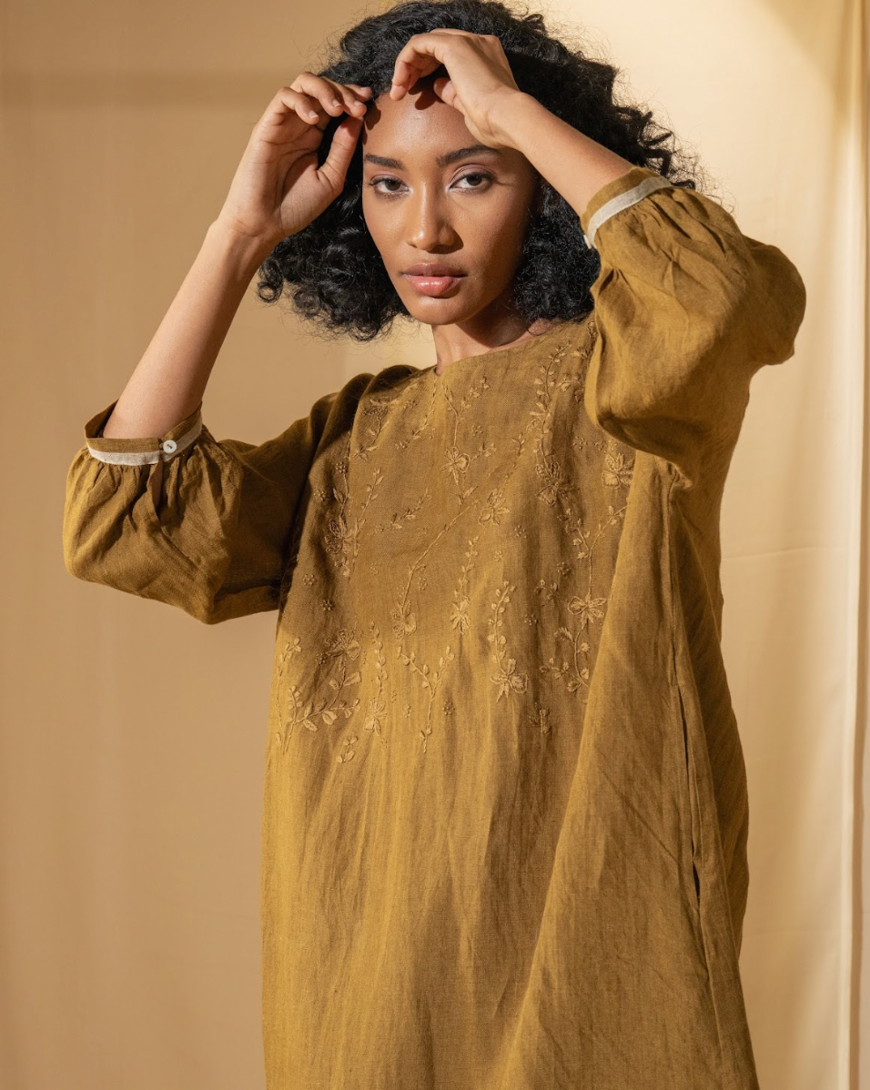 DVE 'Viha' Embroidered Dress - Mustard