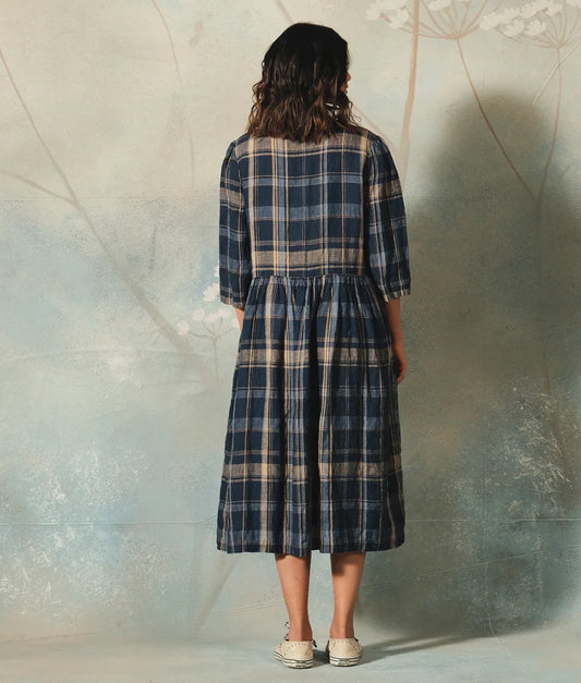 DVE 'Tara' Linen Dress - Navy And Beige Check