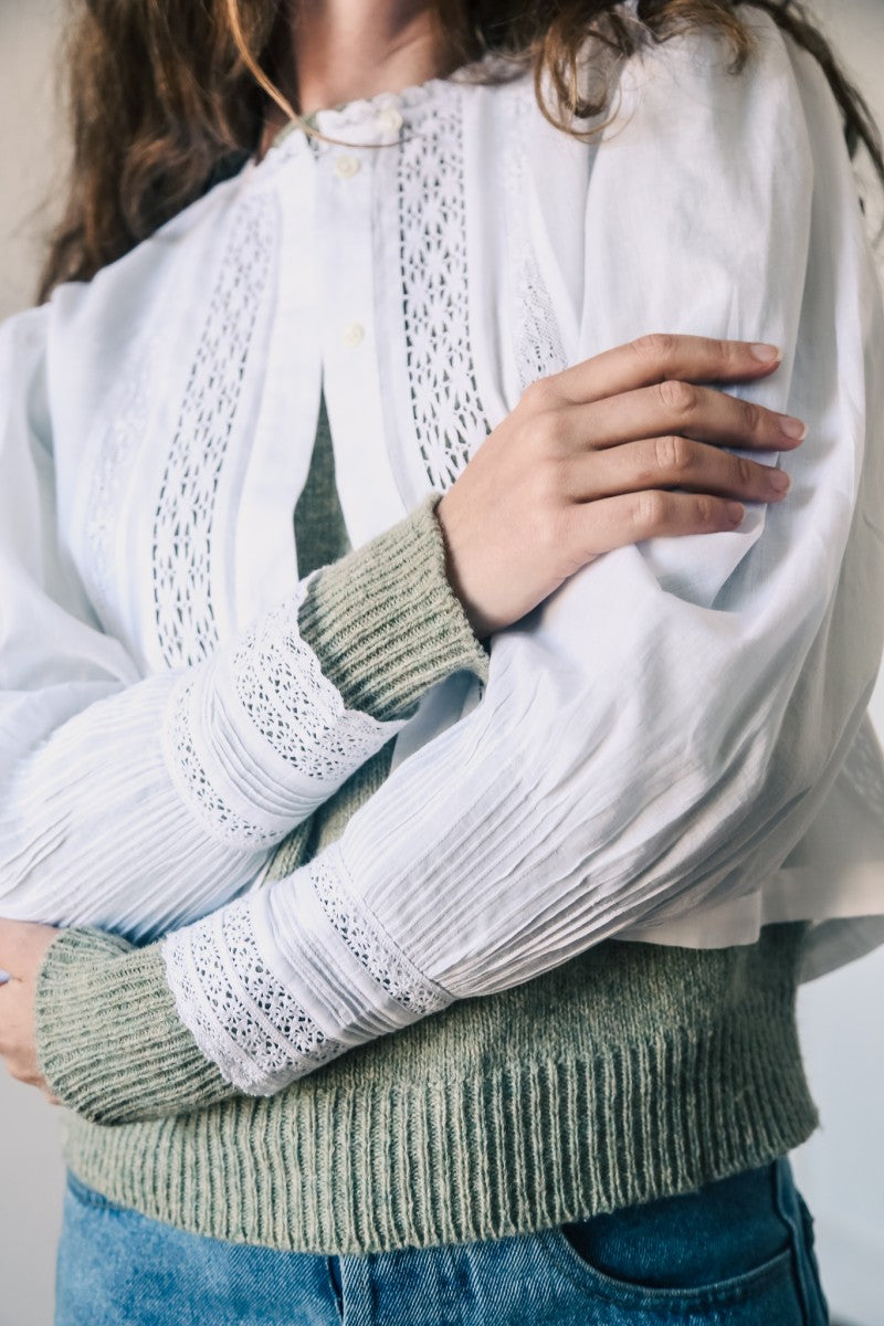 French White Blouse With Lace Trim - Mia