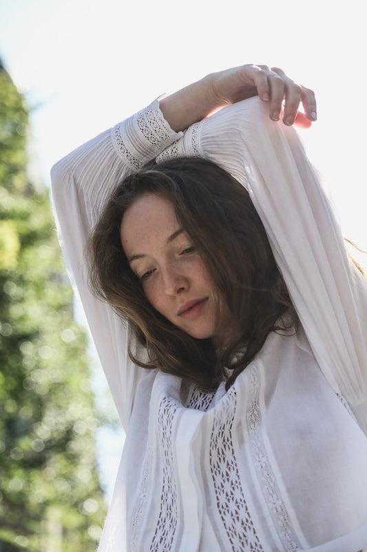 French White Blouse With Lace Trim - Mia