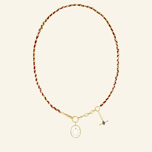 Marie Laure Chamorel Gold & Red Necklace With Carved Crystal Laurel Medallion