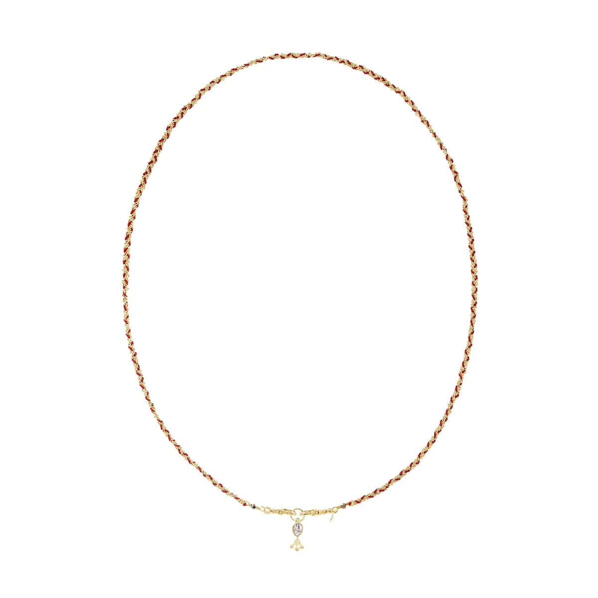 Marie Laure Chamorel Red Silk And Gold Woven Necklace With Polki Crystal
