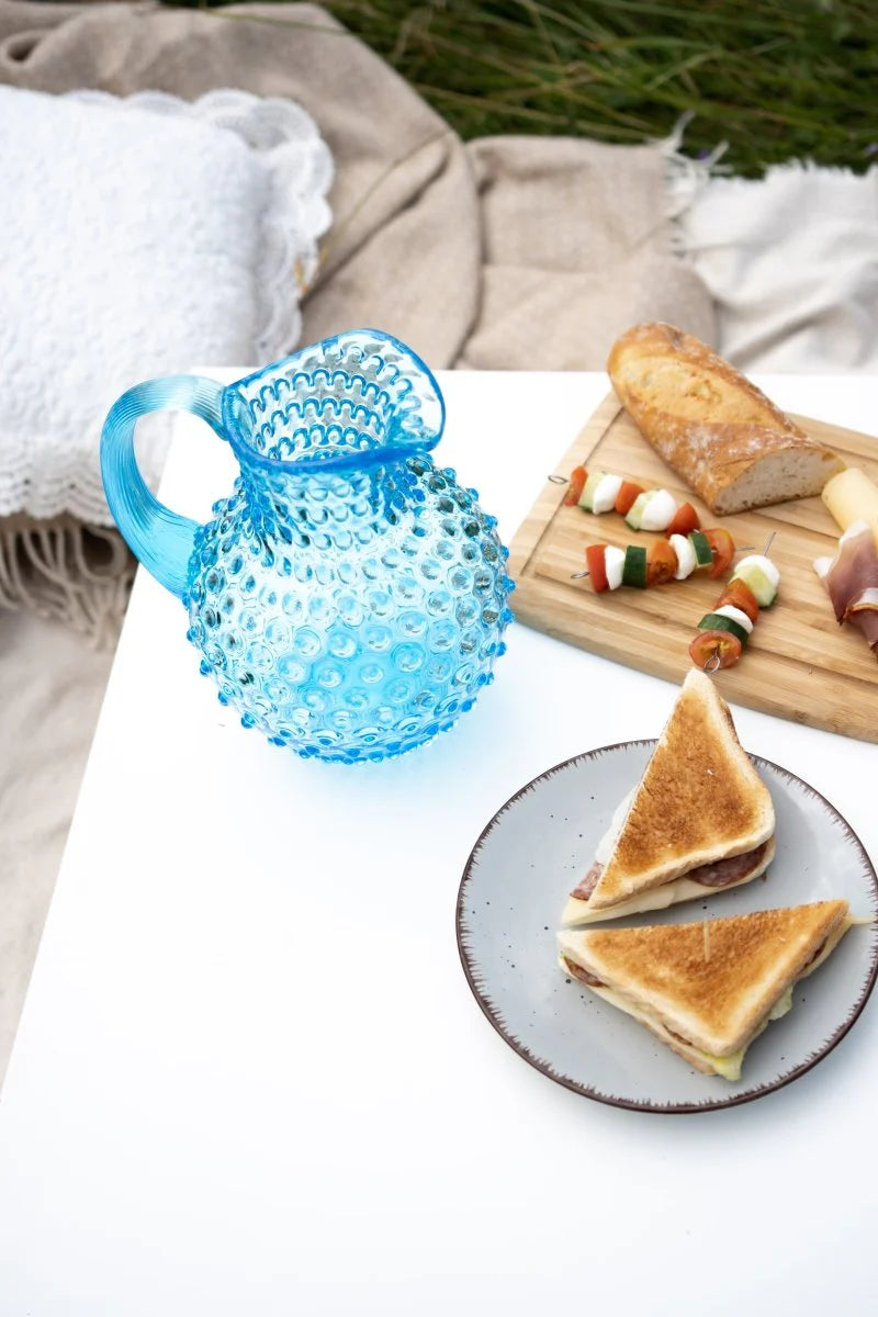 Turquoise Bohemia Glass Hobnail Pitcher