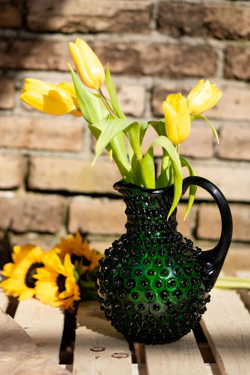 Green Bohemia Glass Hobnail Pitcher
