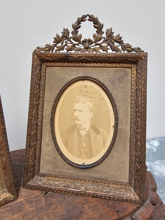 Antique French Pair of Small Brass Photo Frames with Portraits