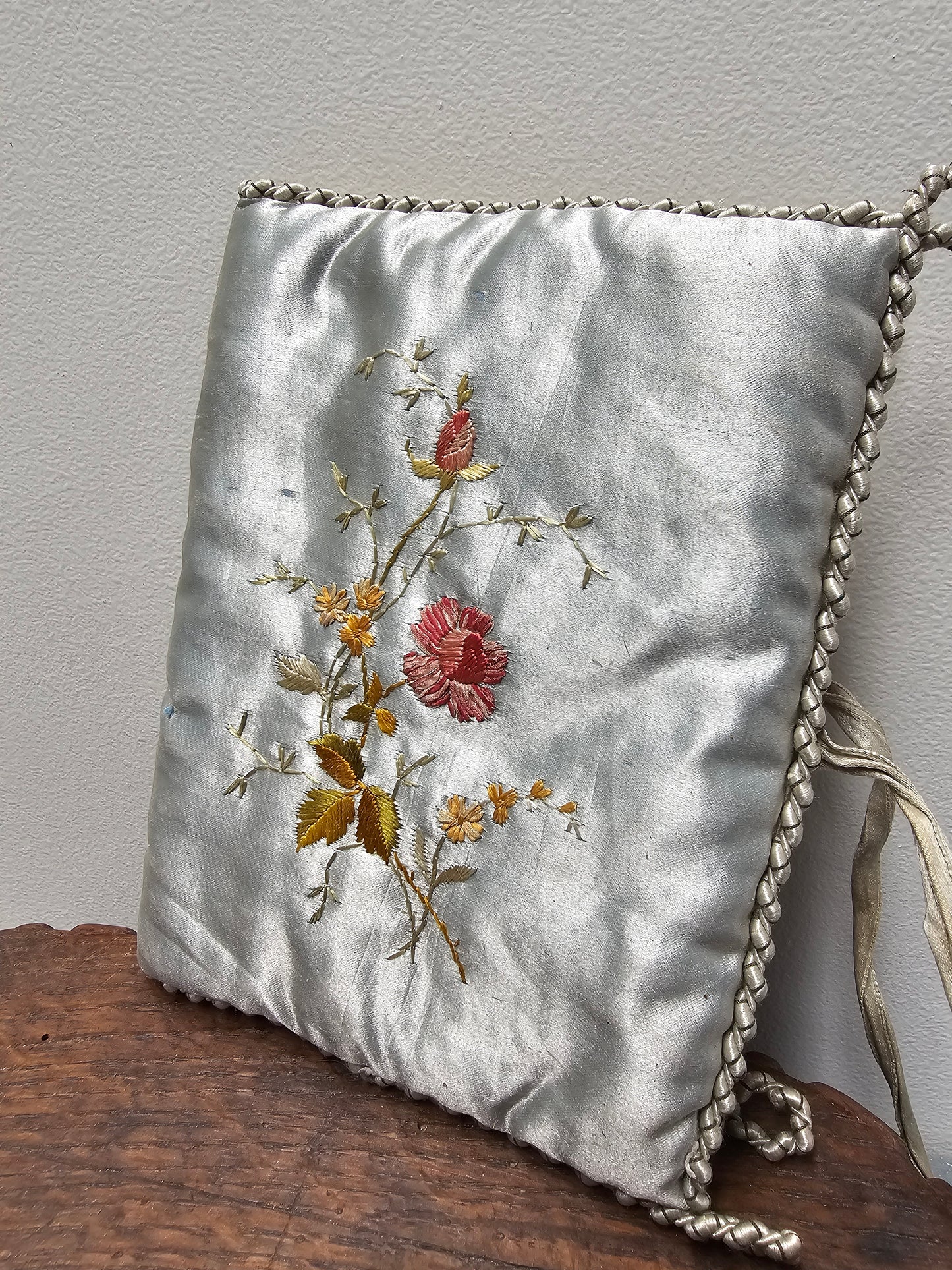 Antique French Blue Silk Needle Book with Floral Embroidery