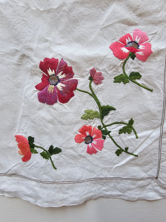 Vintage French Floral Embroidered Fabric Cotton Piece
