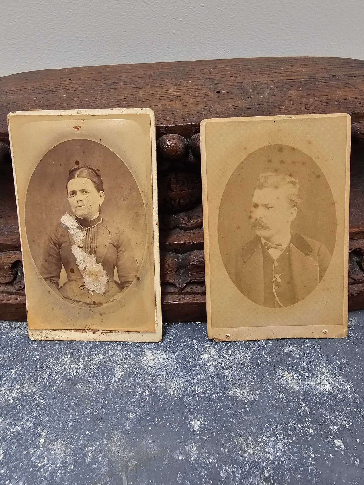 Antique French Pair of Small Brass Photo Frames with Portraits