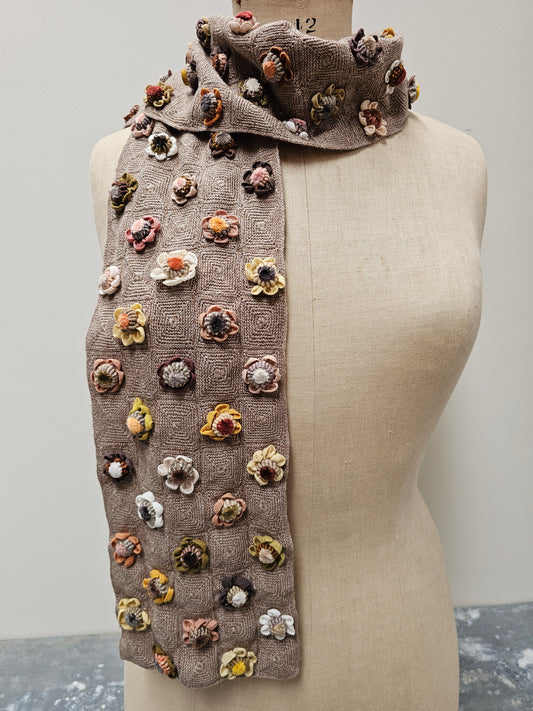 Sophie Digard Mushroom Crochet Wool Scarf with Velvet Flowers