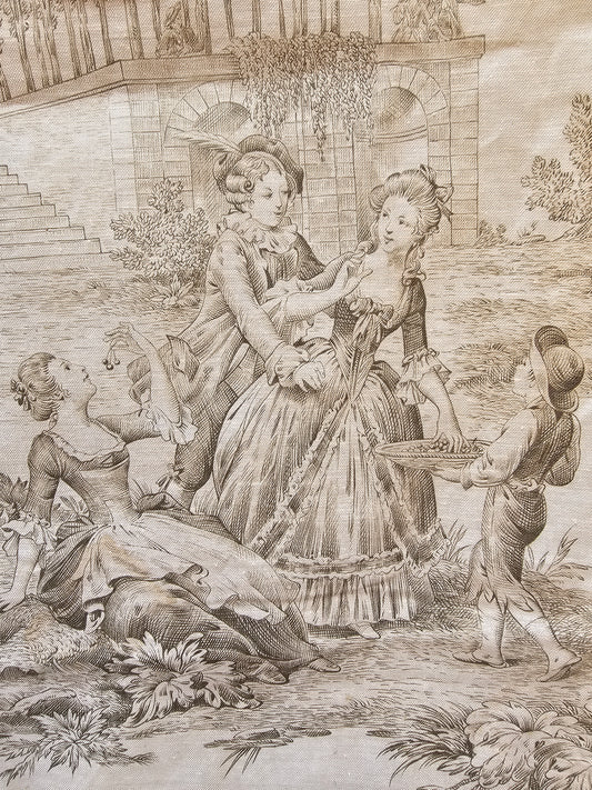 Antique French 'Garden Party' Green Toile Fabric Cotton Piece