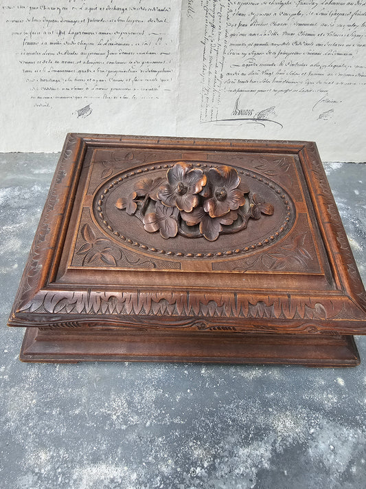 Vintage French 'Flowers' Black Forest Carved Wooden Box