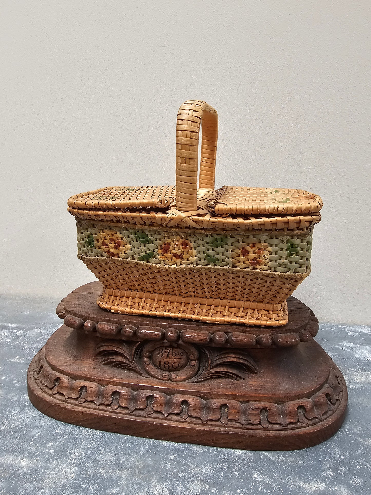 Antique French Petite Floral Cane Picnic/Sewing Basket