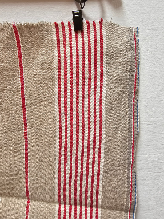 Antique French Red & Taupe Ticking Stripe Fabric Cotton Piece 40x50cm