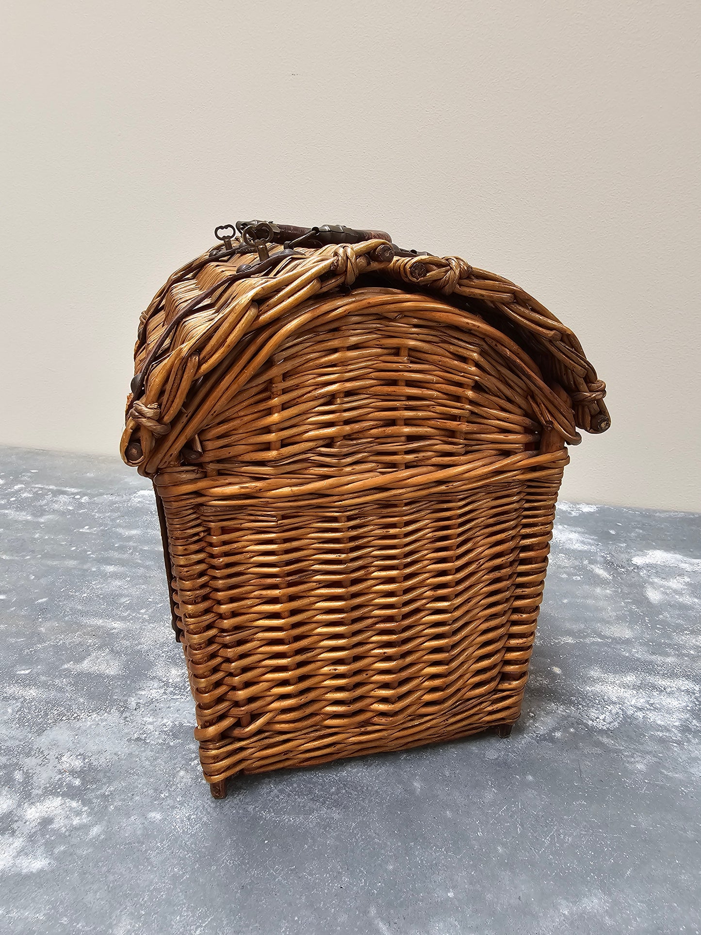 Antique French Large Cane Basket with Pink Floral Lining