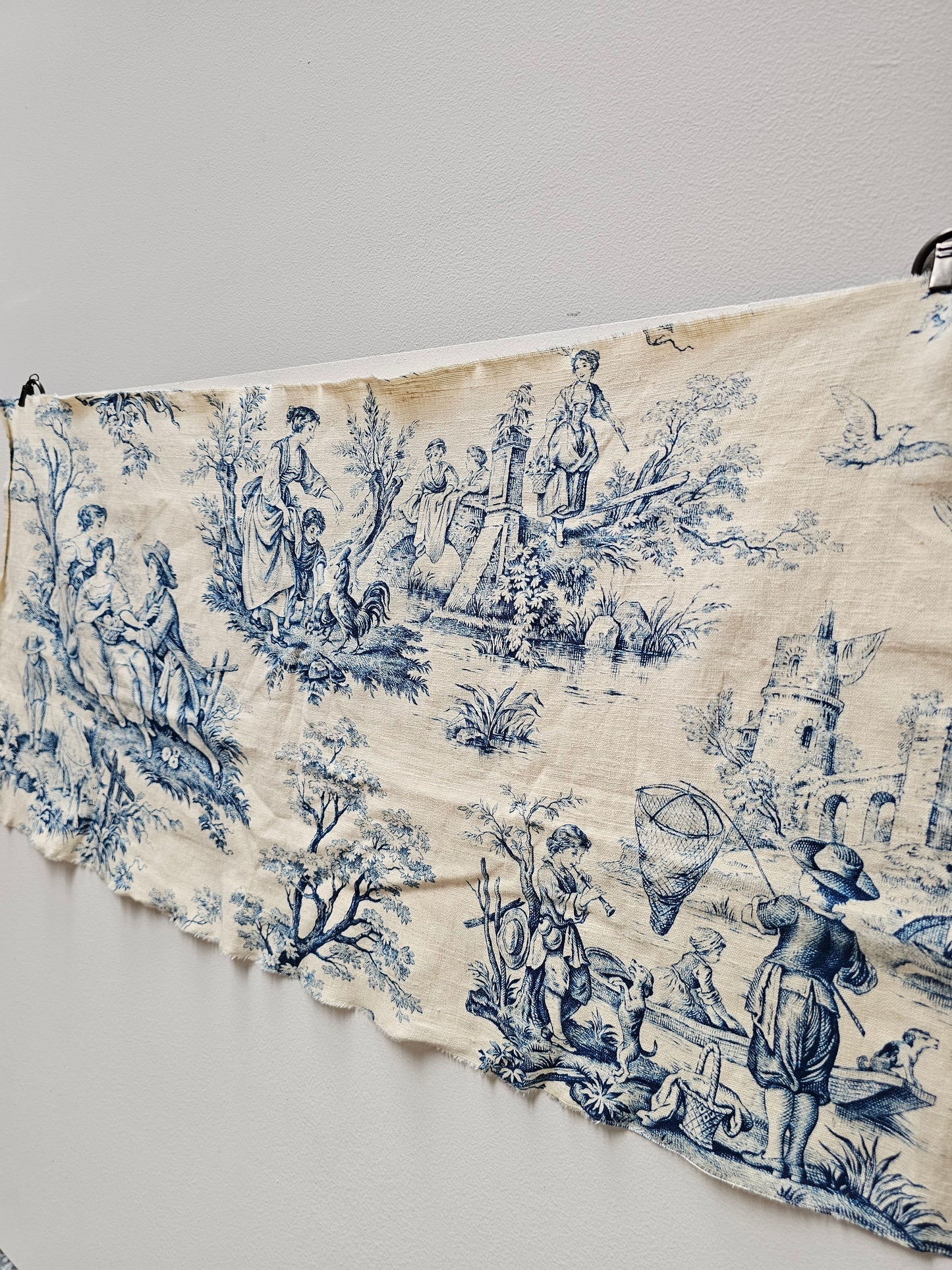 Antique French Blue 'Pastoral Scene' Toile Fabric Linen Piece 30x80cm