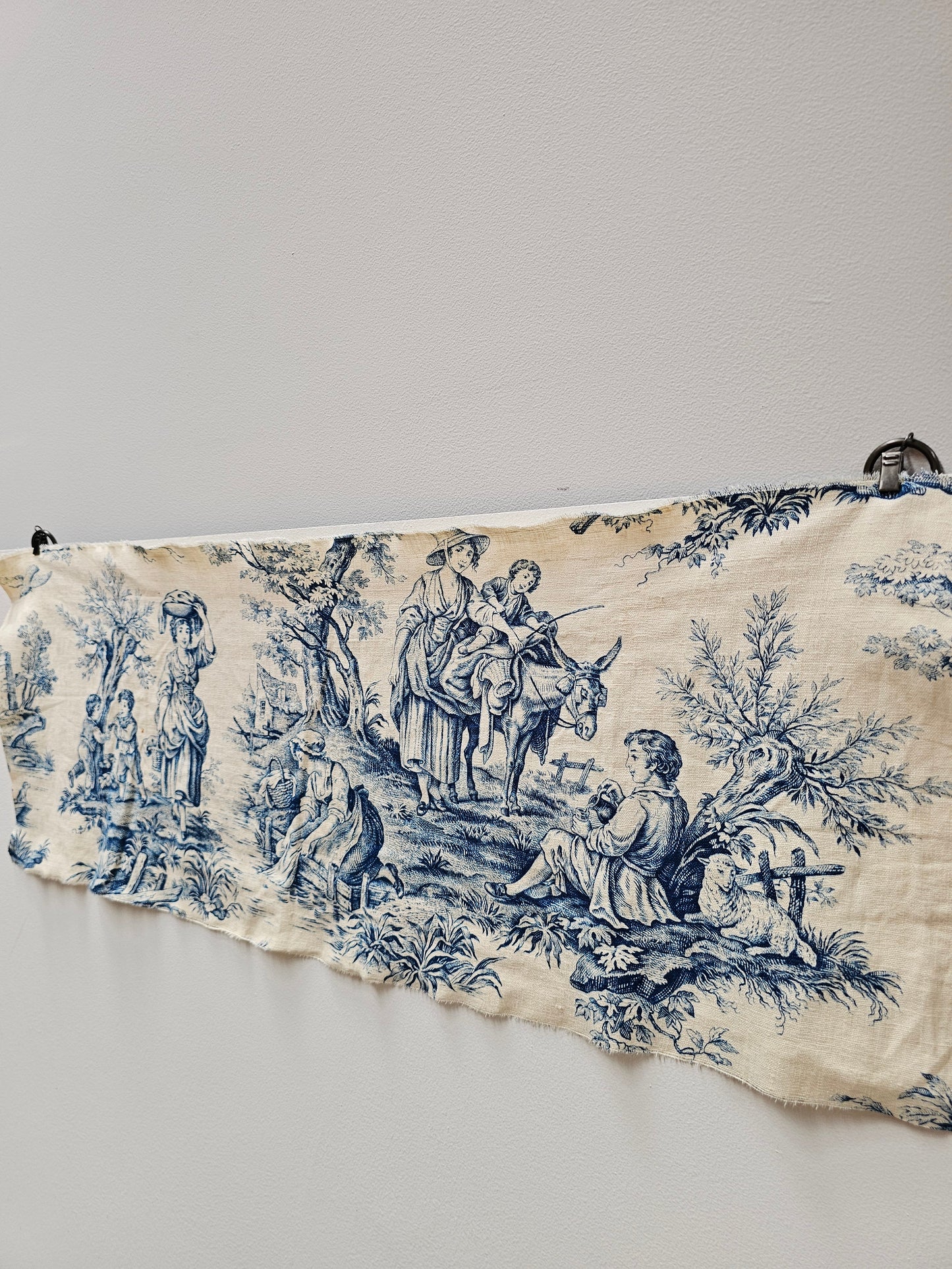 Antique French Blue 'Picnic & Fishing' Toile Fabric Linen Piece 30x80cm