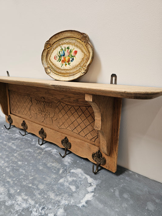 Antique French Petite Farmhouse Oak 5 Hook Wall Shelf