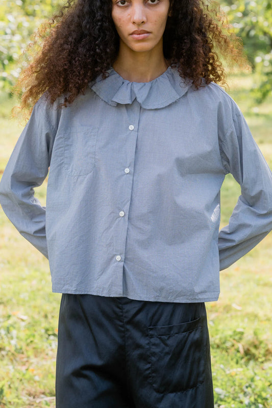 Sula Puckered Collar Blouse - Dark Navy Check