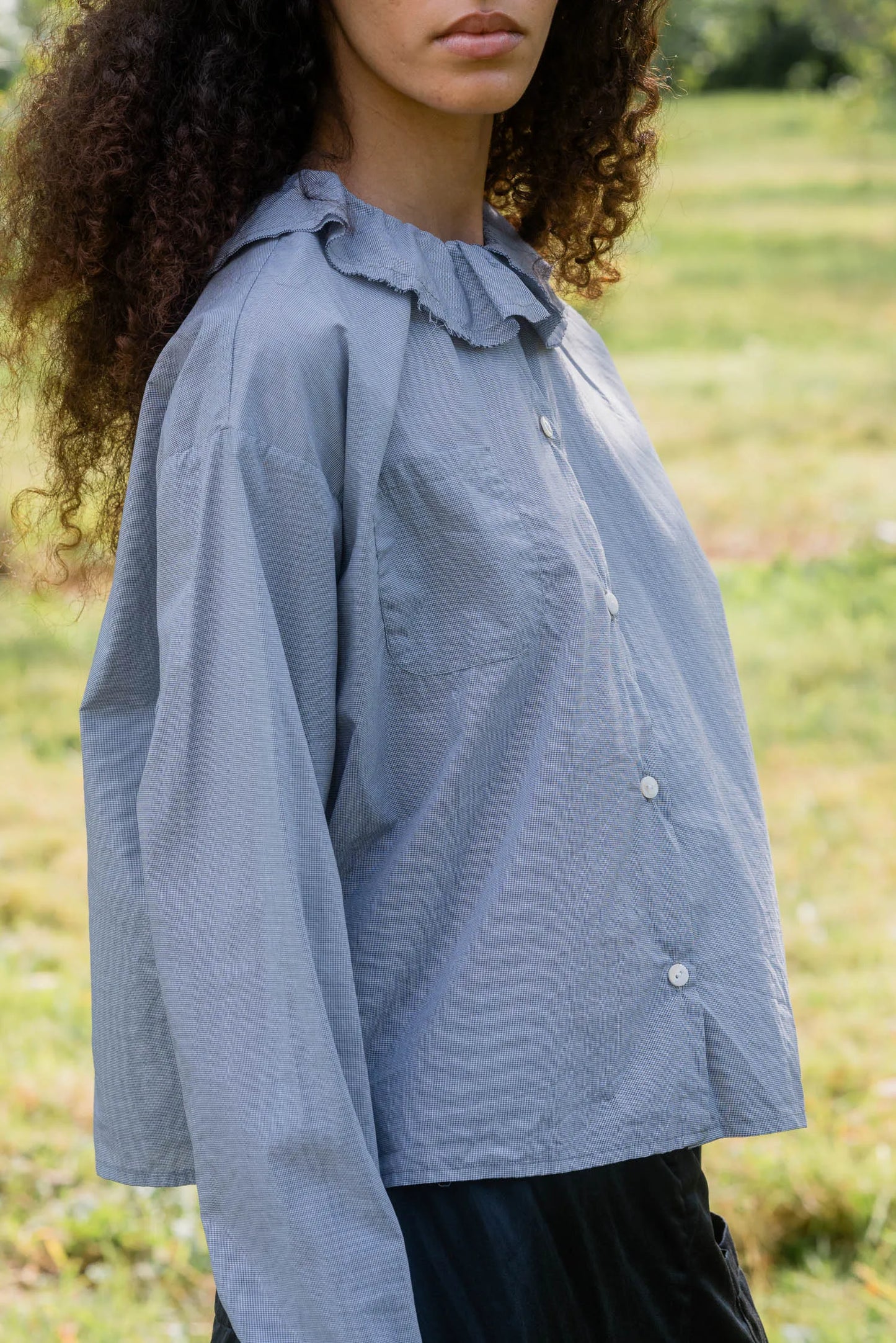 Sula Puckered Collar Blouse - Dark Navy Check