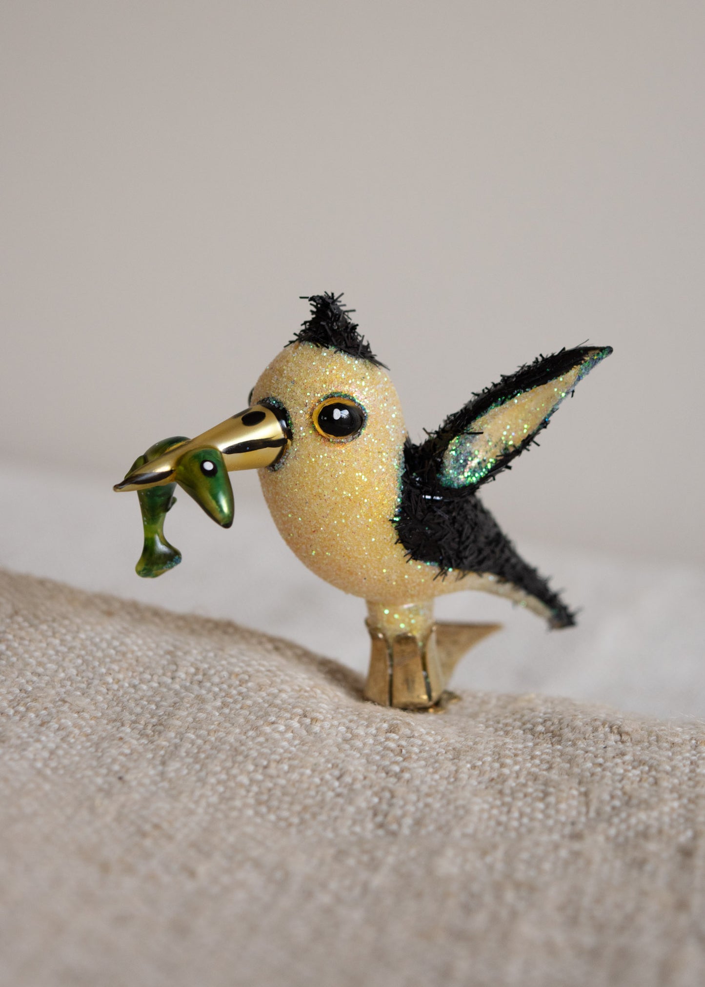 Polish Glass Christmas Ornament - Tiny Bird with Fish