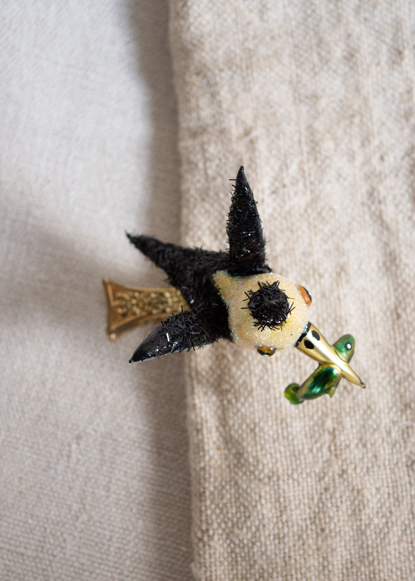 Polish Glass Christmas Ornament - Tiny Bird with Fish