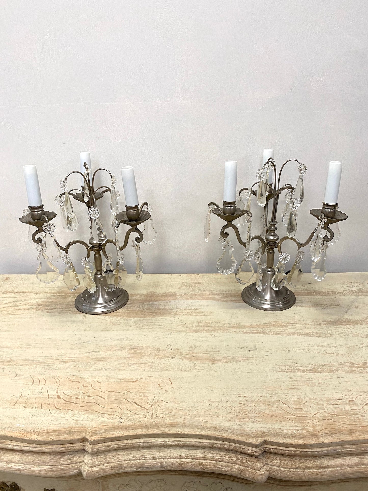 Antique French 3 Light Pewter Pair of Girondelles