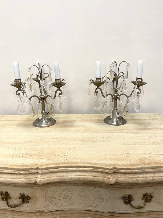 Antique French 3 Light Pewter Pair of Girondelles
