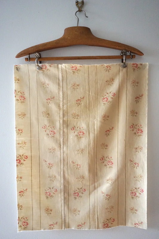 Antique French Sage Green Stripe Floral Fabric Panel 50x45cm