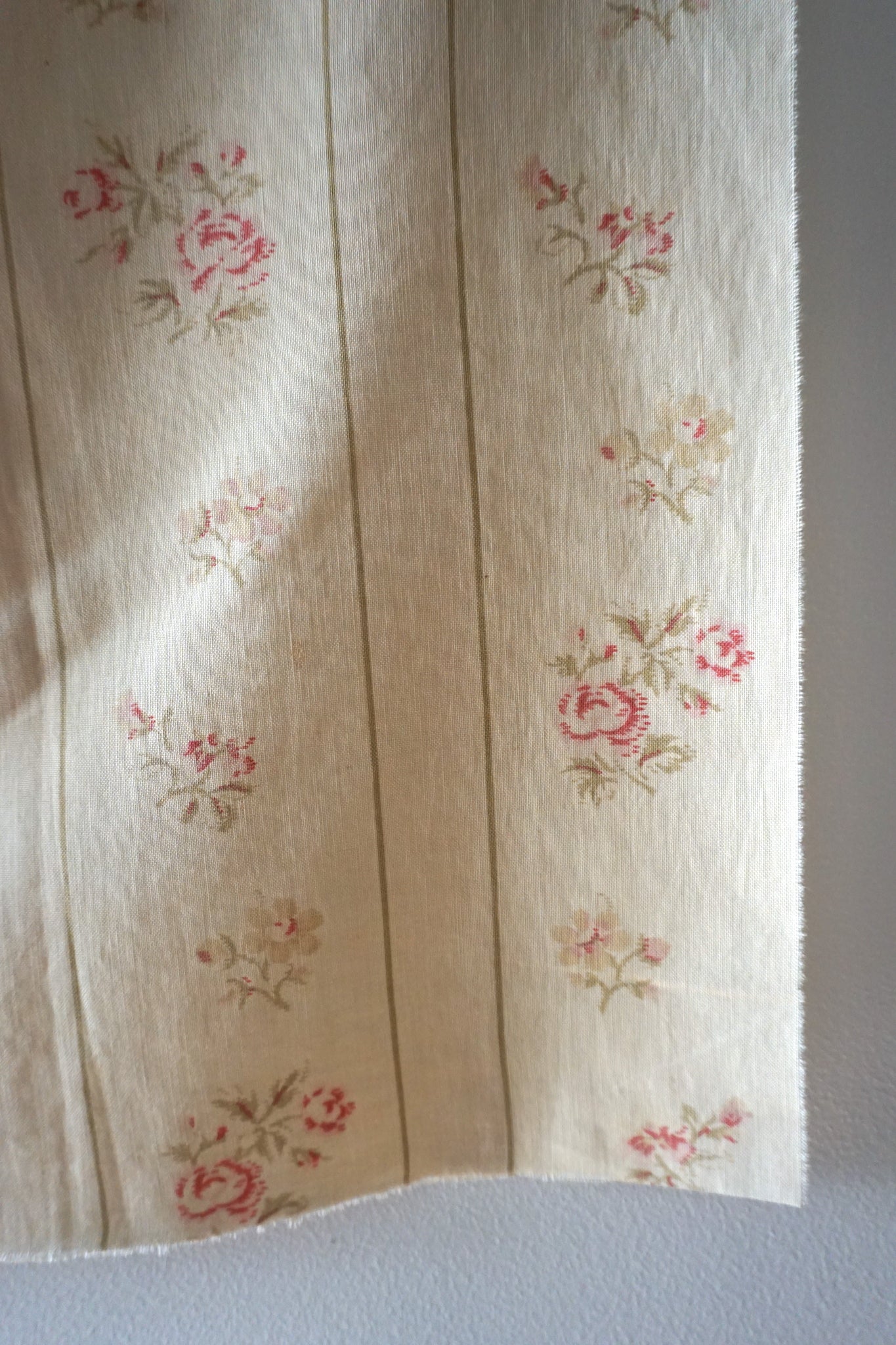 Antique French Sage Green Stripe Floral Fabric Panel 50x45cm