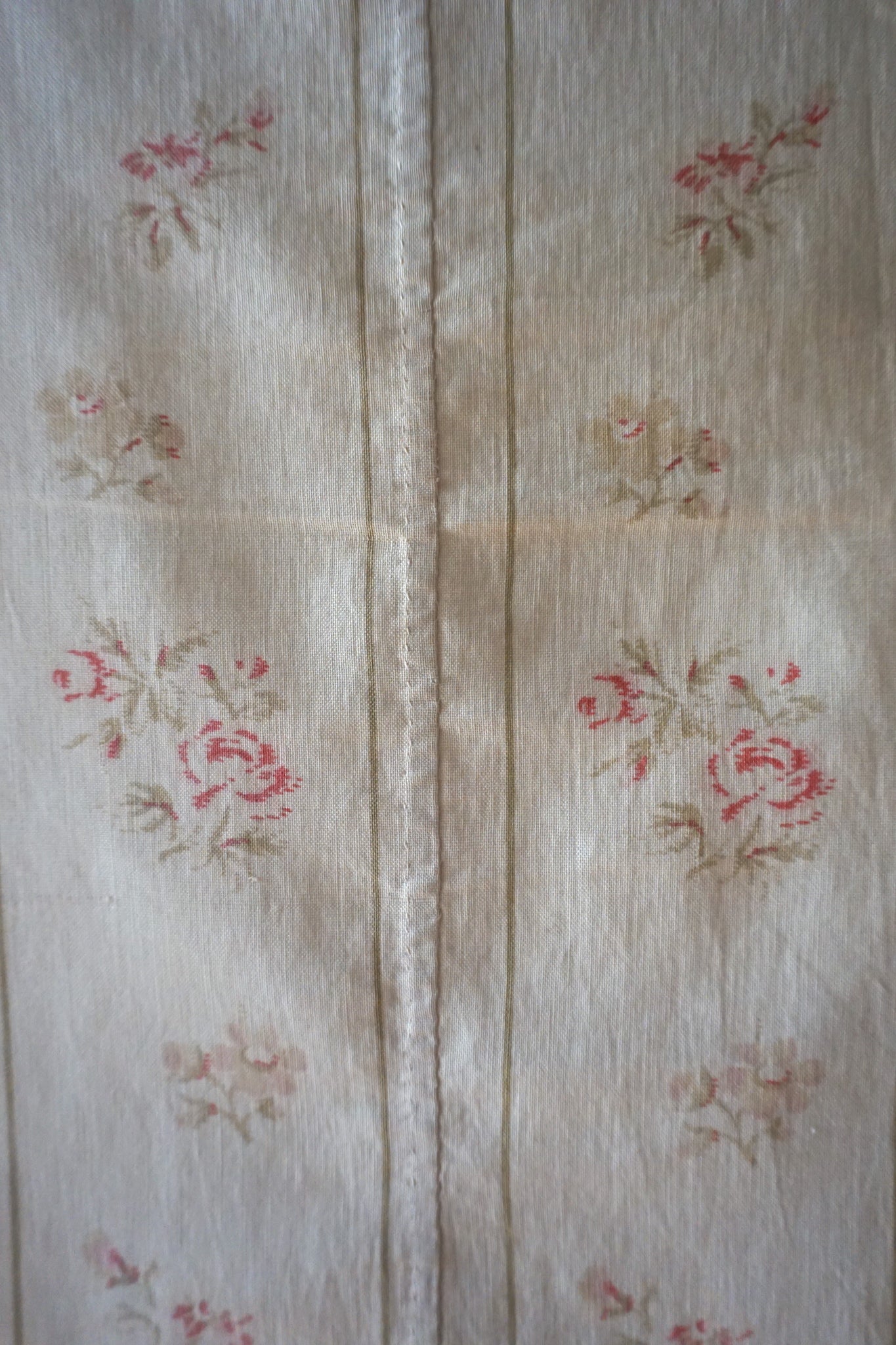 Antique French Sage Green Stripe Floral Fabric Panel 50x45cm