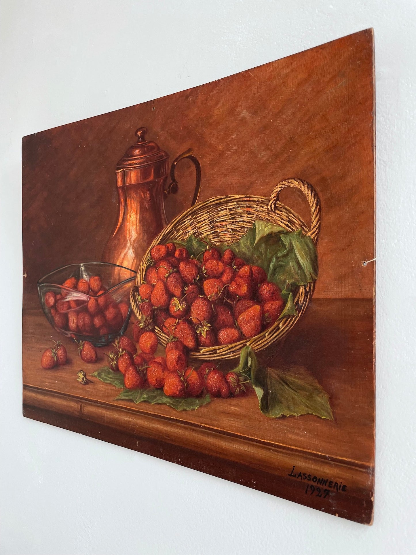 Antique French Still Life Painting - Strawberry Harvest Basket