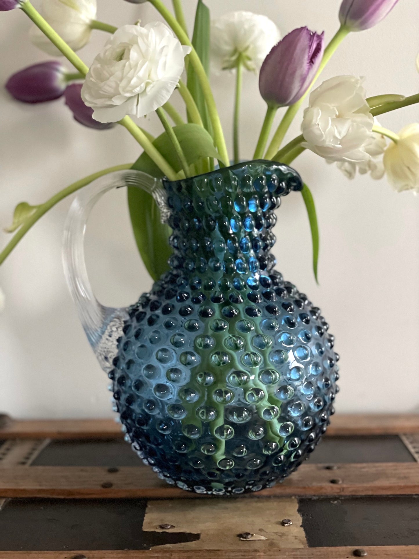 Underlay Blue Smoke Bohemia Glass Hobnail Pitcher