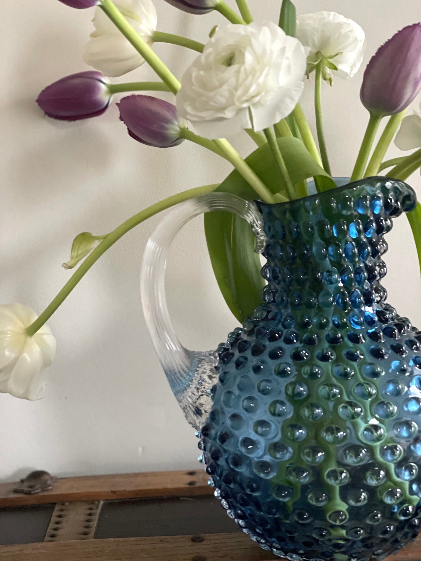 Underlay Blue Smoke Bohemia Glass Hobnail Pitcher