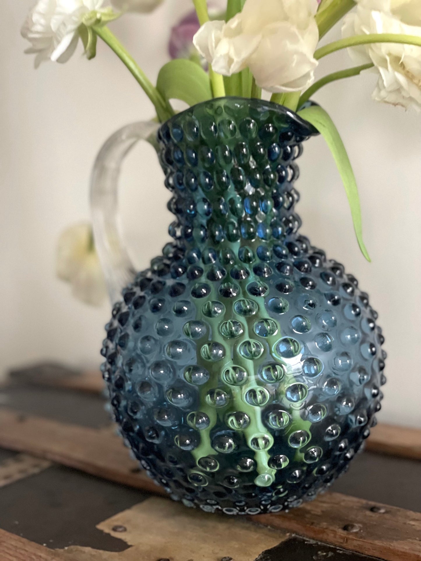 Underlay Blue Smoke Bohemia Glass Hobnail Pitcher