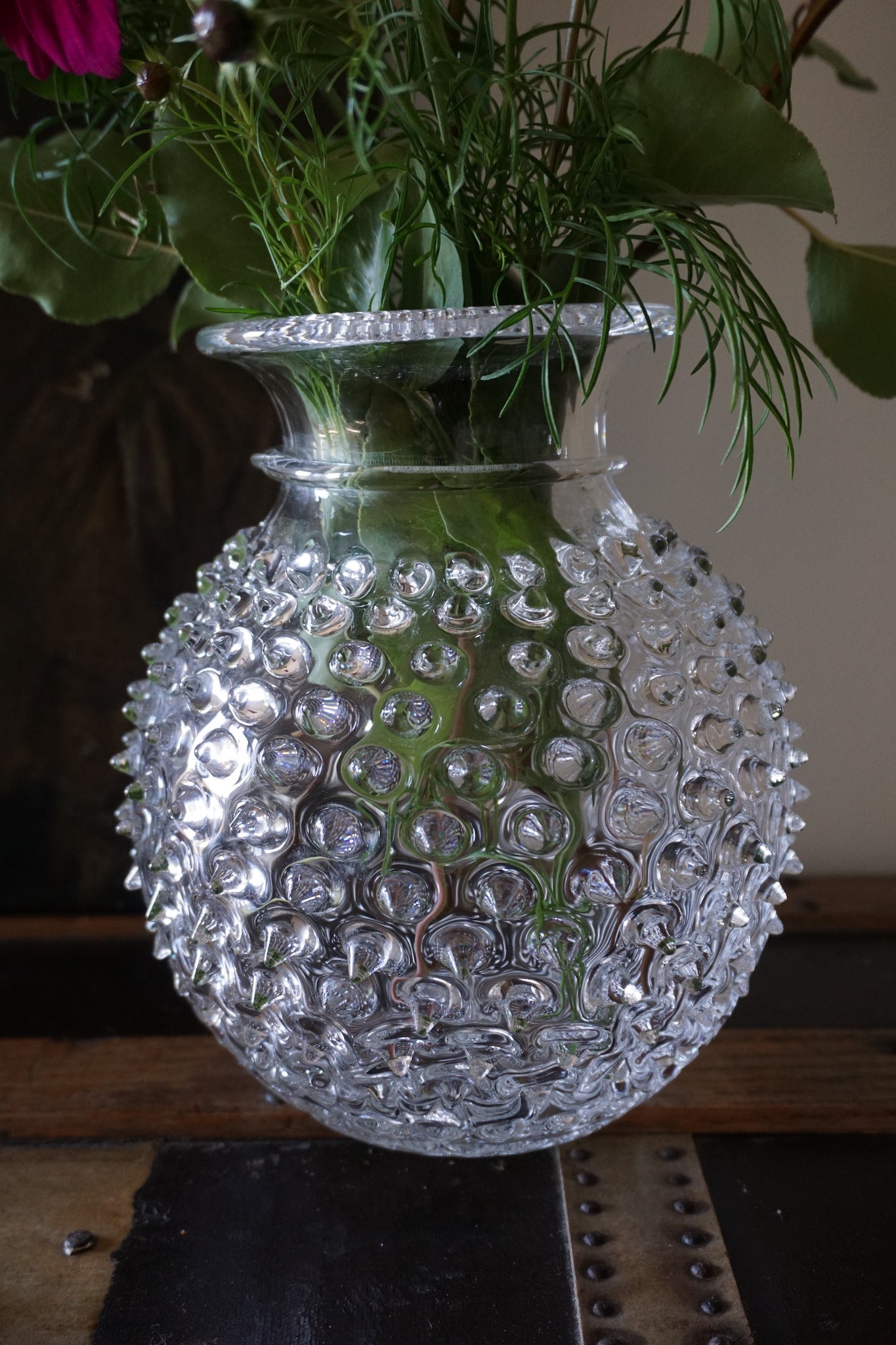 Clear Round Bohemia Glass Hobnail Vase