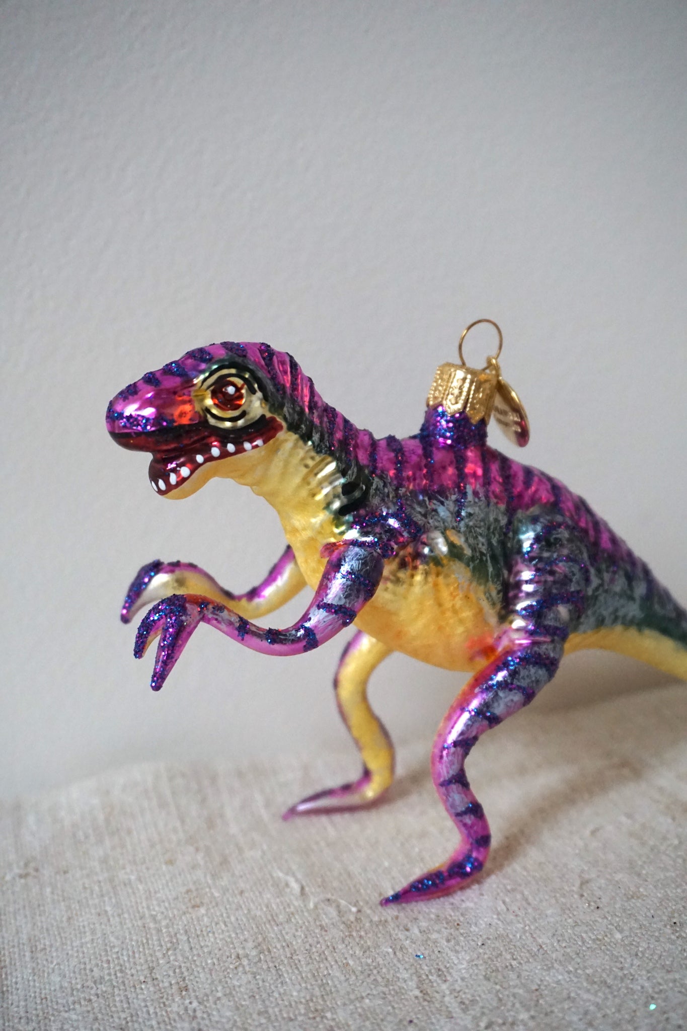 Polish Glass Christmas Ornament - Purple & Yellow Dinosaur