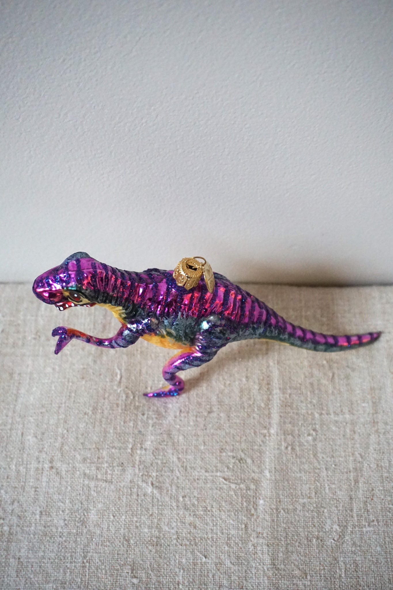 Polish Glass Christmas Ornament - Purple & Yellow Dinosaur