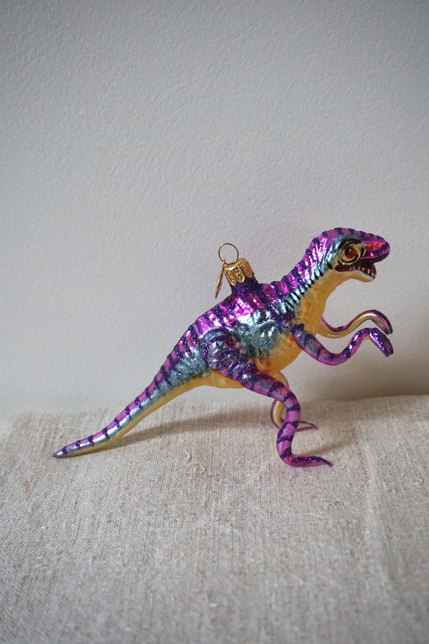 Polish Glass Christmas Ornament - Purple & Yellow Dinosaur