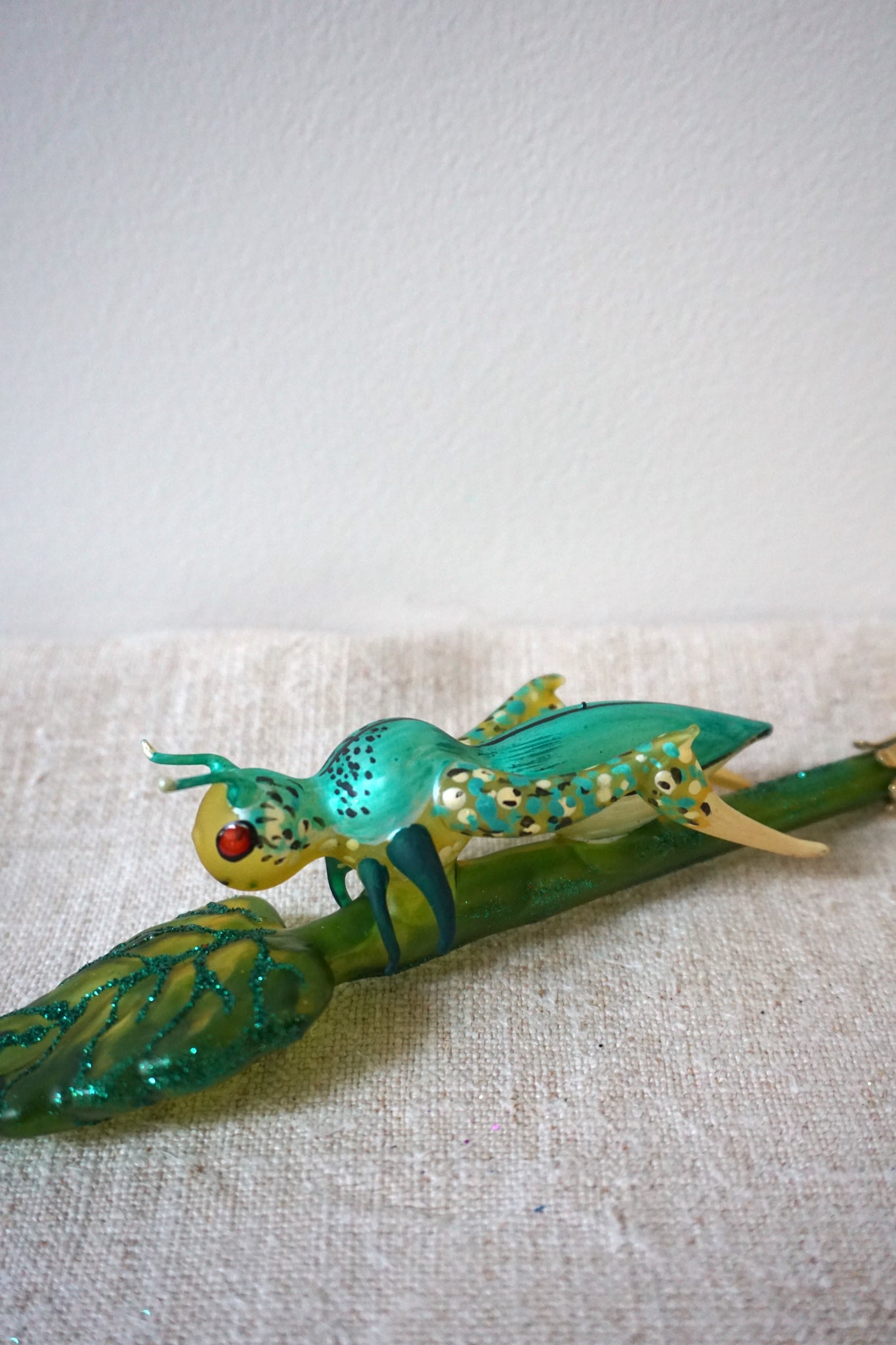 Polish Glass Christmas Ornament - Grasshopper on Leaf